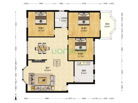 金城花园跃层社区 3室1厅1卫 135平方