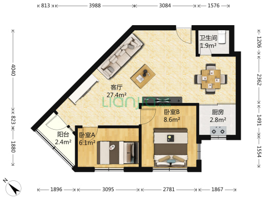 铁路大厦 2室1厅1卫 68平方