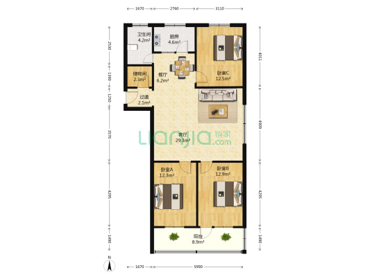 丽秀园 3室2厅1卫 121平方