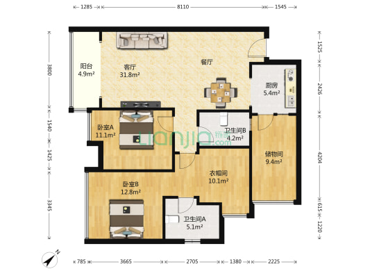 未来方舟E6组团 2室1厅2卫 110平方