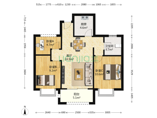 海星生活广场 3室1厅1卫 90平方