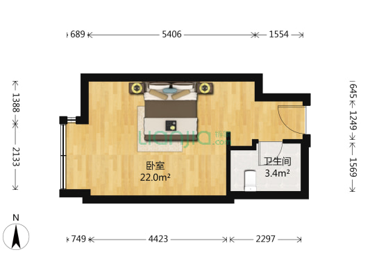 第六田园优仕公寓 1室0厅1卫 44平方