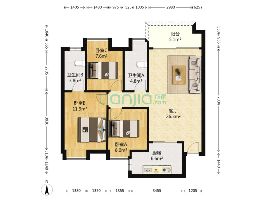 保利学府里 3室1厅2卫 96平方