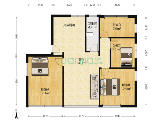 南海机械厂宿舍 4室1厅1卫 97平方