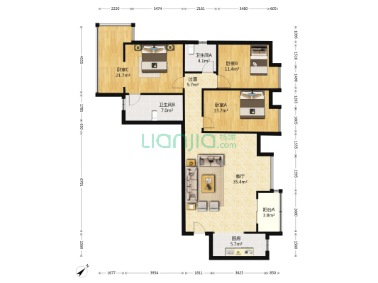 三金华都二期 3室1厅2卫 135平方