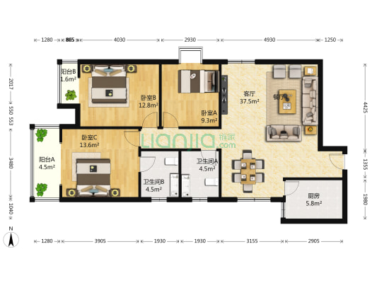 钱塘100 3室1厅2卫 123平方