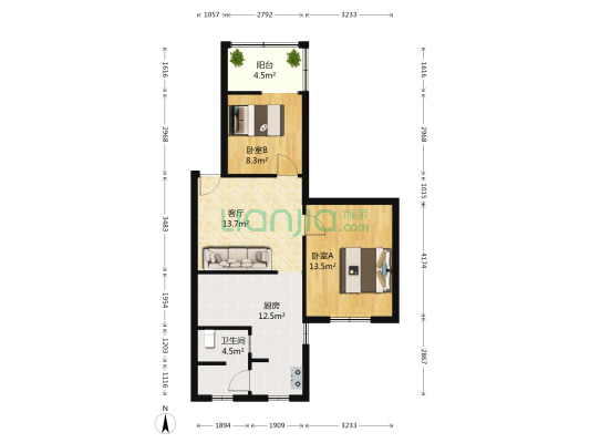东南市街86号 2室1厅1卫 68平方