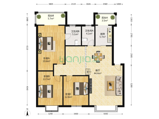 水云花都石佛路一段26号 3室1厅2卫 126平方