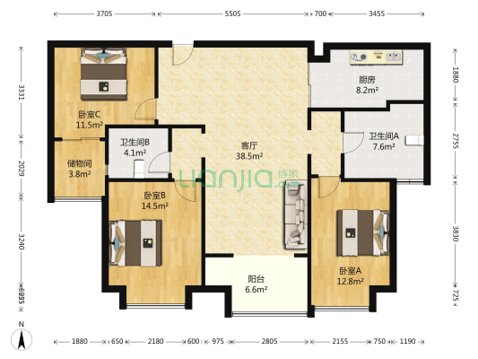 九方城天悦 3室1厅2卫 127平方