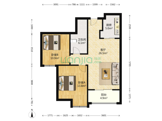 金域华府 2室1厅1卫 91平方