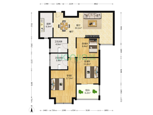 蝴蝶湾南苑 3室1厅2卫 108平方