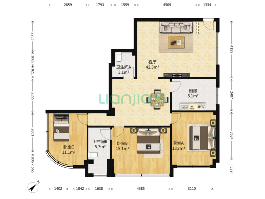 泰康大厦 3室1厅2卫 111平方