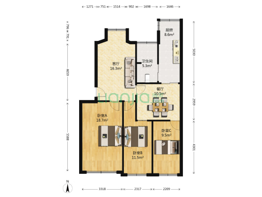 巴陵石化南湖社区 3室2厅1卫 90平方