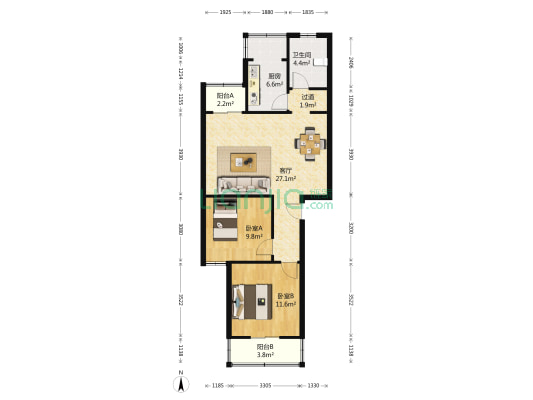 中方园东区 2室1厅1卫 100平方