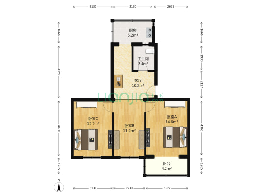 双玉中街43号院 3室1厅1卫 78平方