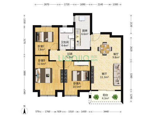 中海碧林湾 3室2厅1卫 97平方