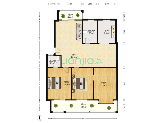 武汉半山逸品 2室1厅2卫 139平方