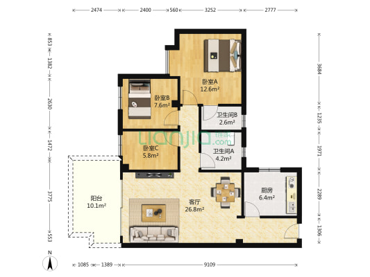 洛涛南区 3室1厅2卫 90平方