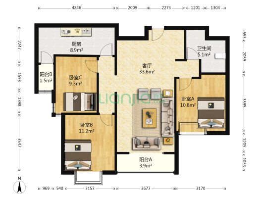 富力华庭B区 3室1厅1卫 117平方