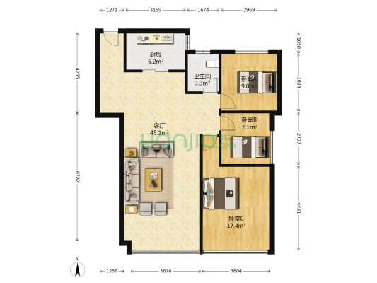 珠江广场 3室1厅1卫 117平方