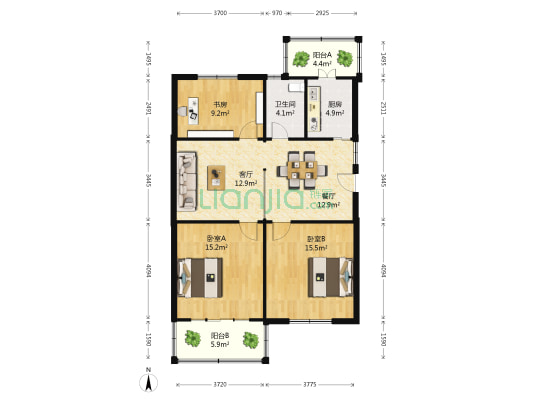 台城花园 3室2厅1卫 95平方