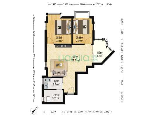 海逸花园 2室1厅1卫 64平方