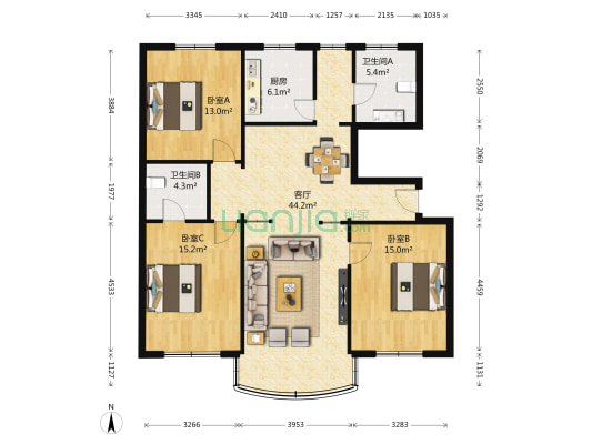 苏信大厦 3室1厅2卫 137平方