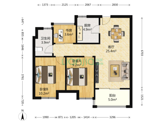 中海双湾花园二期 3室1厅1卫 87平方