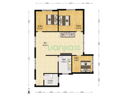 团山路社区 3室1厅1卫 107平方