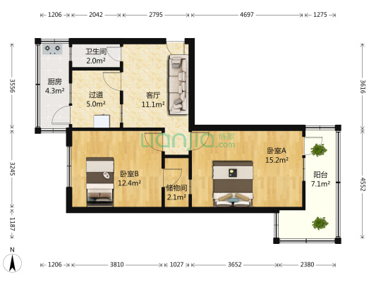 棉四生活区 2室1厅1卫 64平方