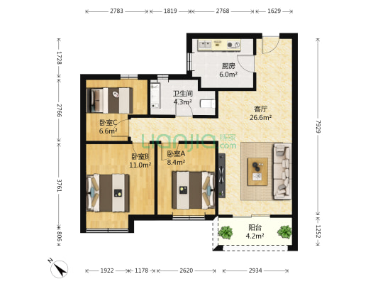 万科汉阳国际A区 3室1厅1卫 88平方