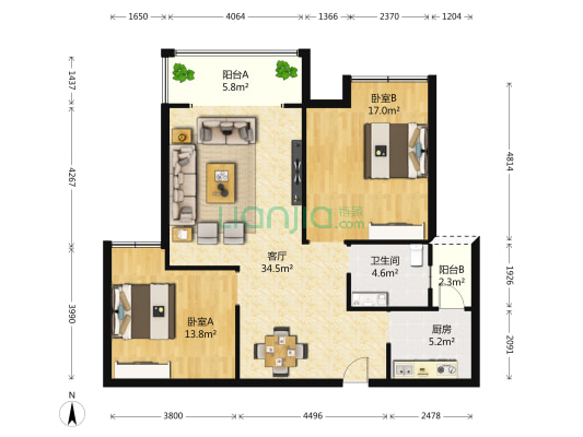 公园大道1号 2室1厅1卫 101平方