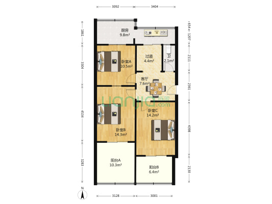微波宿舍 3室1厅1卫 64平方