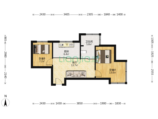 润豪大厦 2室1厅1卫 70平方
