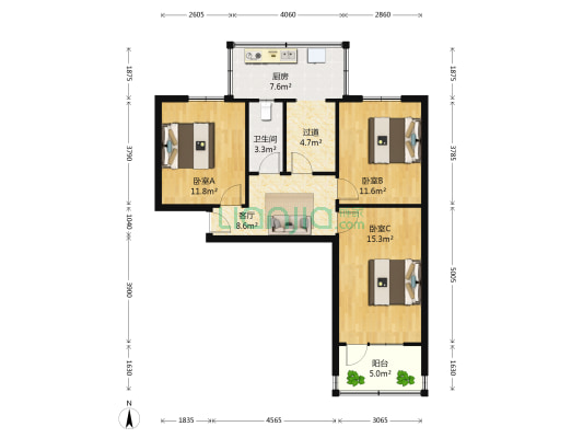 河北地震局宿舍 3室1厅1卫 77平方