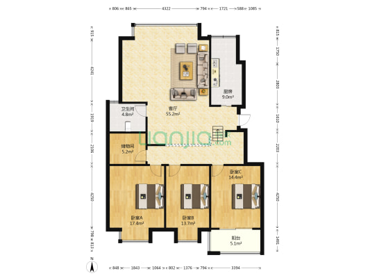 苏宁馨瑰园 3室1厅1卫 141平方