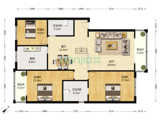 大成公寓 3室2厅2卫 138平方