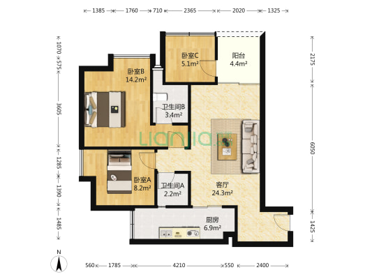 华宇时代星都 3室1厅2卫 87平方