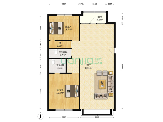 农行小区 2室1厅2卫 136平方