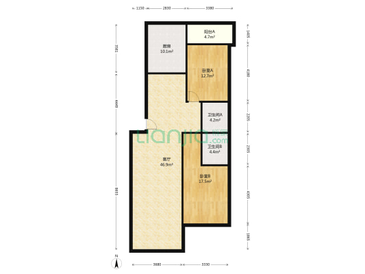 泰时花园 2室1厅2卫 120平方