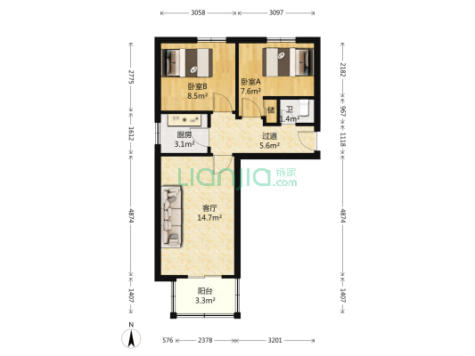 建新北区 2室1厅1卫 63平方