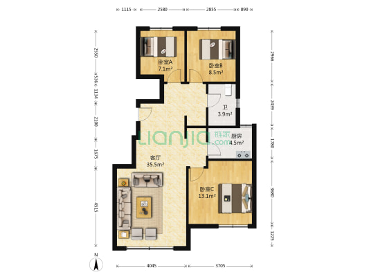 中海国际社区 3室1厅1卫 100平方