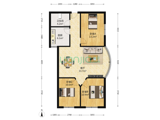 白鹤林小区 3室1厅1卫 102平方