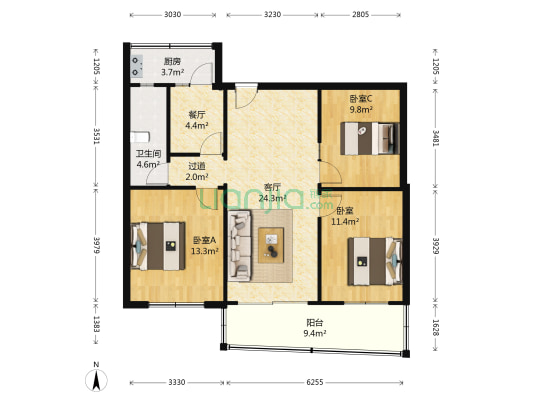 光荣北路75号 3室2厅1卫 92平方