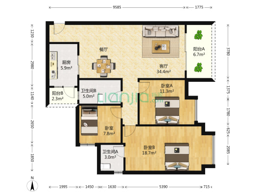 观海美寓 3室1厅2卫 114平方