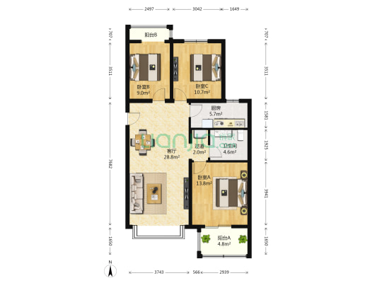 金隅花石匠二期东区 3室1厅1卫 93平方