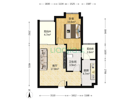 中海誉城北苑 1室1厅1卫 56平方