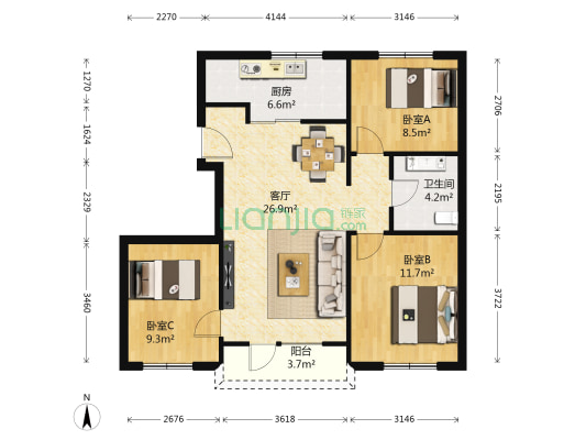 万科翡翠公园二期 3室1厅1卫 86平方