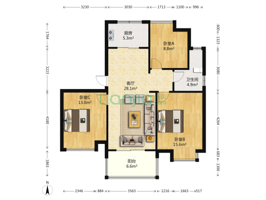宏图上水云锦二期 3室1厅1卫 114平方