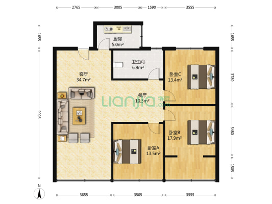 九龙商业城 3室2厅1卫 130平方